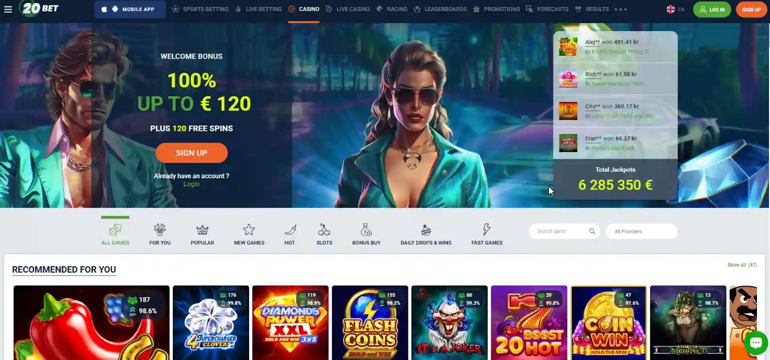 El casino 20bet abonará en la cuenta del jugador un bono del 125% inmediatamente después del primer depósito